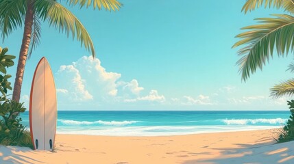 Sunny tropical beach with palm trees, gentle ocean waves, clear blue sky, and a surfboard resting upright on the sandy shore, evoking relaxation and adventure