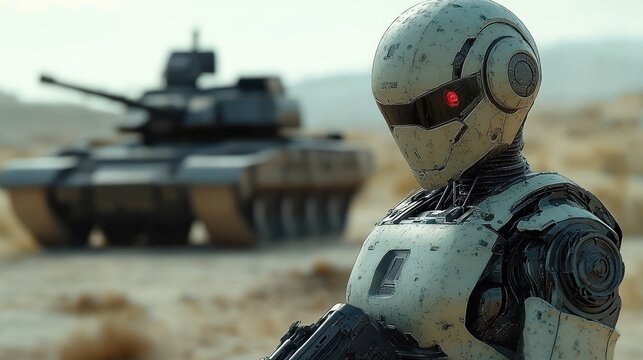 futuristic battle robot with red glowing eye standing in desert environment with armored military tank blurred in background