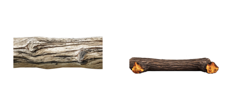 Two wooden logs, one with fire flames, on transparent background, cut out