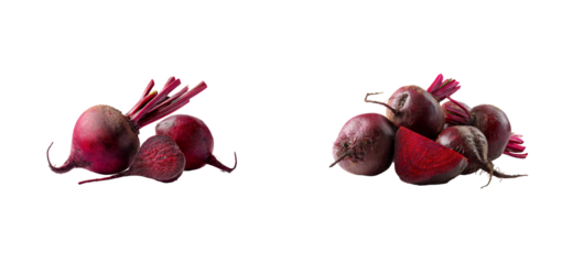 Heap of whole and cut beetroots with green stems on transparent background, cut out