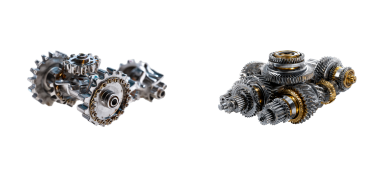 Complex metal gear assembly image with transparent background, cut out