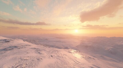 Golden Hour Snowscape, A Serene Winter Vista Under a Warm Sky's Embrace