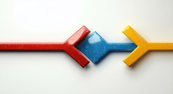 three colored arrows pointing towards each other with a red arrow on the left, a blue diamond-shaped arrow in the center, and a yellow arrow on the right symbolizing connection and interaction - Powered by Adobe
