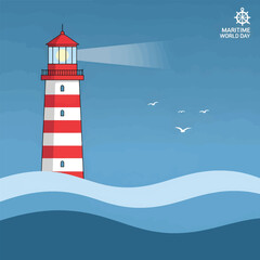 A majestic red and white striped lighthouse stands tall amidst the rolling blue waves, emitting a powerful guiding light for safe maritime navigation and serene ocean voyages