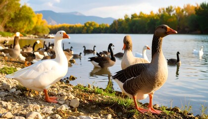 Geese by a river in autumn