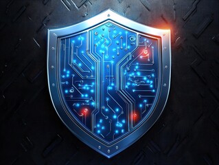 Metallic shield with glowing blue and red circuitry patterns symbolizing digital protection and cybersecurity against a dark textured background