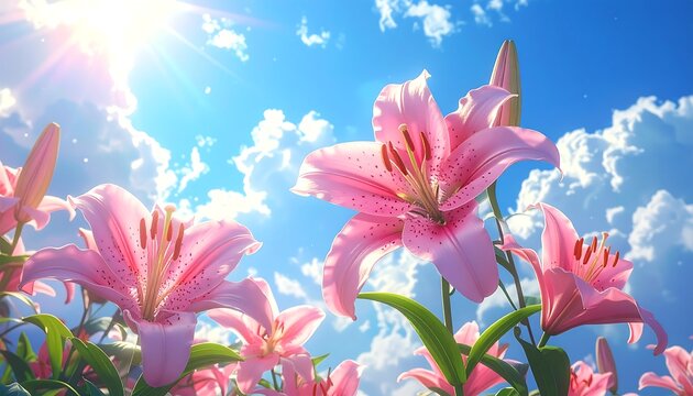A vibrant field of pink lilies basking in sunlight against a bright blue sky filled with fluffy clouds - Powered by Adobe