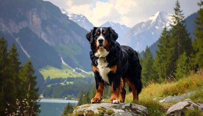 Majestic Bernese Mountain Dog Amidst Alpine Scenery
