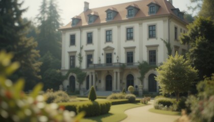 Elegant historical mansion surrounded by ornate gardens nestled in tranquil greenery on a bright day