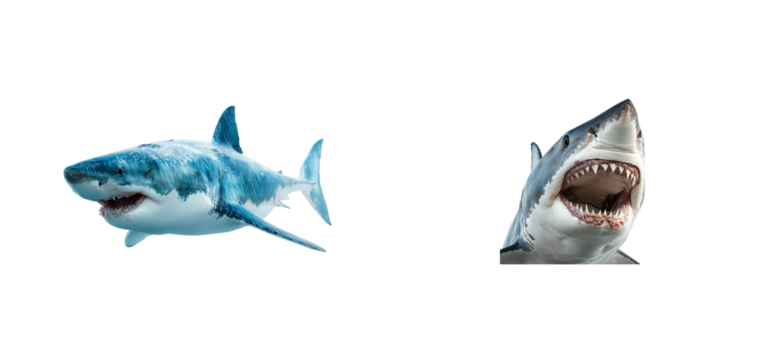 Predatory shark with open mouth and sharp teeth, cut out