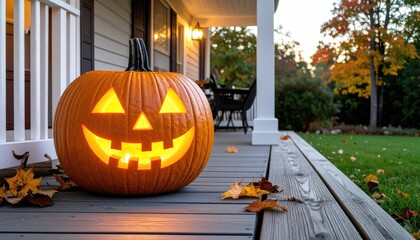 Fototapeta premium Illuminated Jack O'Lantern on Autumn Porch