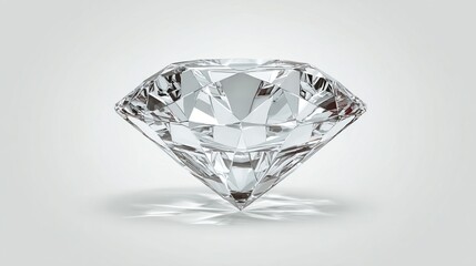 A flawless round brilliant cut diamond, showcasing facets and light refraction, sits on a plain light gray background