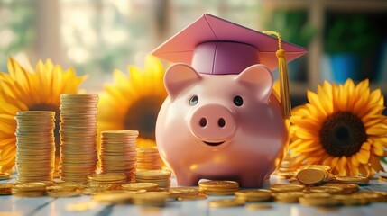 Smiling piggy bank wearing a graduation cap surrounded by stacked gold coins and sunflowers in soft natural light
