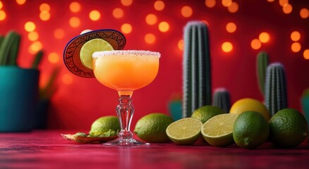 Vibrant orange cocktail with salted rim and lime slice decorated with miniature sombrero surrounded by fresh limes and cactus plants with warm bokeh lights in background
