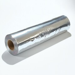 Roll of shiny reflective aluminum foil with a slight crinkled texture resting on a white surface casting soft shadow