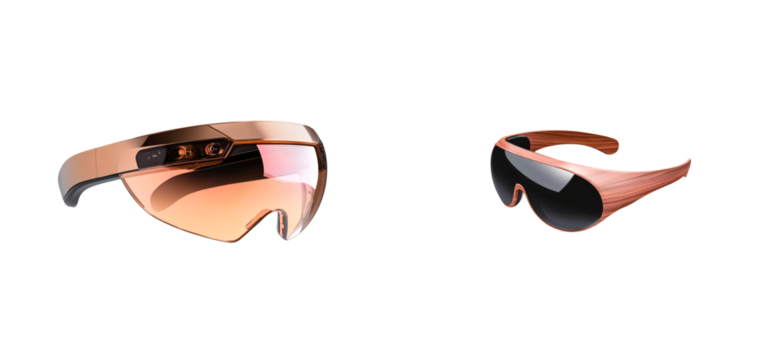 Two futuristic augmented reality glasses with rose gold frames and tinted lenses on a black void, cut out