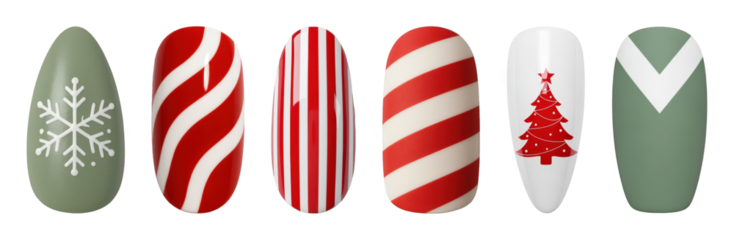 Christmas nail tips set including snowflake, candy cane stripes, festive tree, and chevron designs isolated. Seasonal manicure and beauty collection.