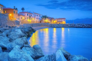 Peaceful coastal village at dusk with illuminated buildings reflecting on calm water and rocky shoreline under a blue sky
