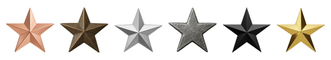 Obraz premium Metallic star set including copper, bronze, silver, scratched, black, and gold finishes isolated. Awards, ratings, and quality symbols.