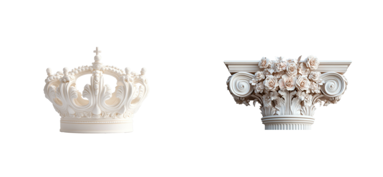 Ornate white crown and floral column capital isolated, cut out