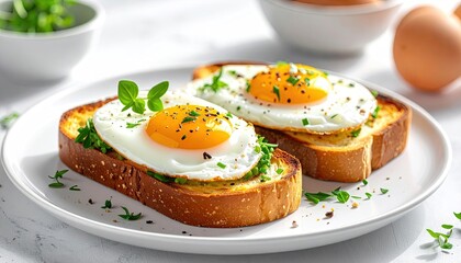 Fried Eggs on Toast with Parsley Garnish