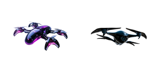 Futuristic drone with glowing purple light and sleek dark drone, cut out