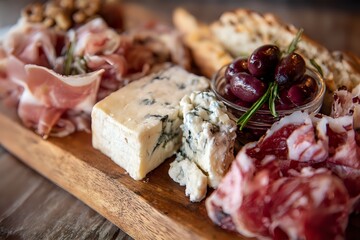 Artisanal Cheeses and Charcuterie on Wooden Board
