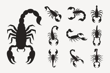 set of black silhouettes of scorpion