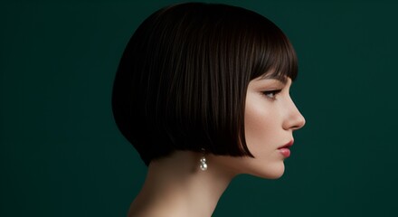 Fototapeta premium Elegant woman with dark bob haircut and pearl earring against teal background