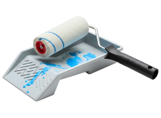 Paint roller and tray isolated on transparent background, painting equipment for home