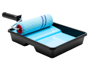 Paint roller and tray isolated on transparent background, painting equipment for home