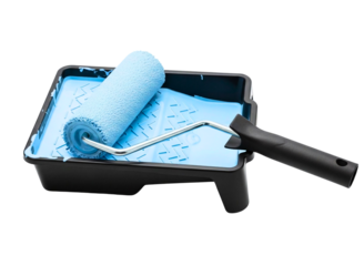 Paint roller and tray isolated on transparent background, painting equipment for home