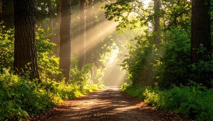 Obraz premium Sunlit Forest Path: Morning Light Through Trees