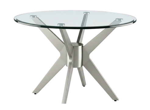 Modern glass top round side table with metal base isolated on transparent background