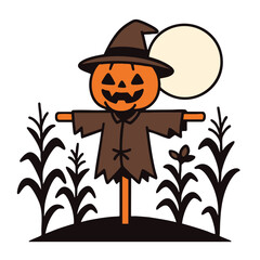 Coloring book coloring page featuring cheerful scarecrow with hat and moon in transparency style