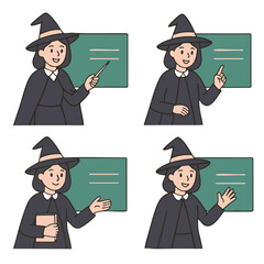 Coloring book coloring page transparency witch teacher cartoon female magic hat chalkboard