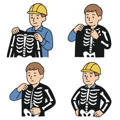 Man worker skeleton costume illustration cartoon smiling changing outfit Halloween