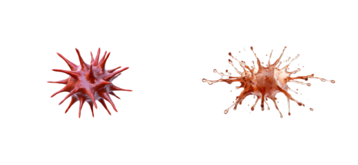 Red Spiky Microbe Shape and Brown Liquid Splash, cut out