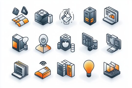 Collection of modern colorful line icons representing technology, communication, documents, printing, digital media, and light bulb ideas