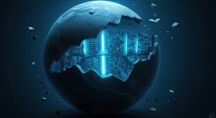 Broken sphere with library inside, glowing with blue light.