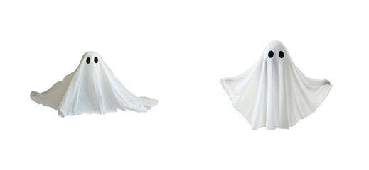Two ghosts with black eyes on transparent background, cut out