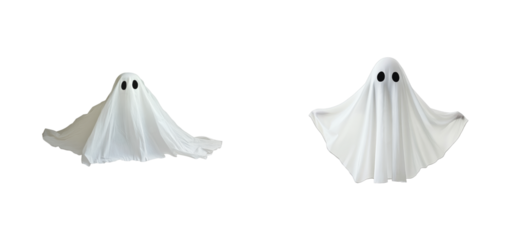 Two ghosts with black eyes on transparent background, cut out