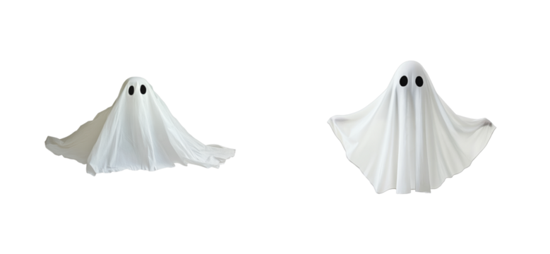 Two ghosts with black eyes on transparent background, cut out