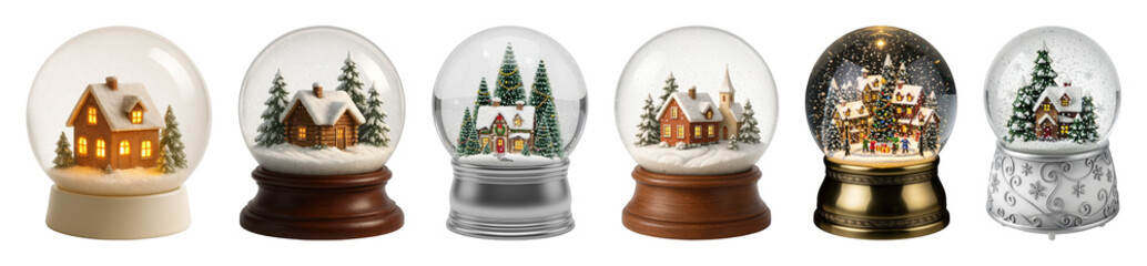 Christmas snow globes set including illuminated houses, winter scenes, and decorative bases isolated. Holiday home decorations.