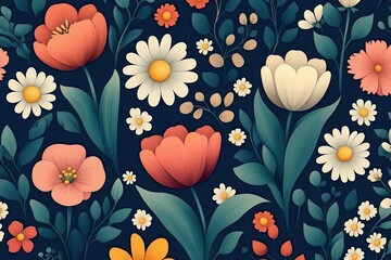 Seamless floral pattern with various stylized flowers including daisies, tulips, and small blossoms in warm pastel colors on a dark blue background