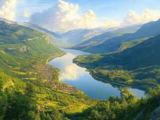 Serene valley with a calm river flowing through lush green hills and small villages under a partly cloudy sky, surrounded by tall mountains