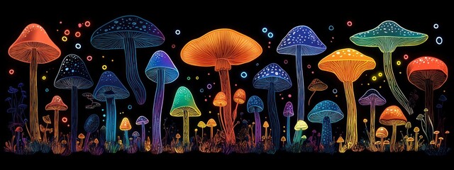 Colorful glowing mushrooms of various sizes and shapes illuminated against a dark background with small floating orbs creating a magical, vibrant forest scene