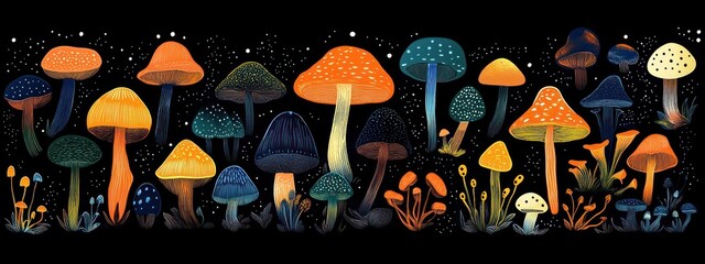 Colorful variety of glowing mushrooms and fungi in shades of orange, yellow, blue, and white against a dark starry background, creating a magical and whimsical scene