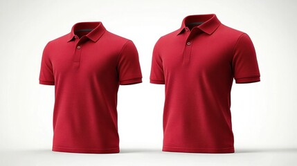 Two red short-sleeve polo shirts displayed side by side on a plain white background showcasing front and side views