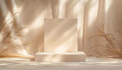 Minimalist beige display stand with soft natural light and dried ornamental grasses casting delicate shadows on smooth fabric background